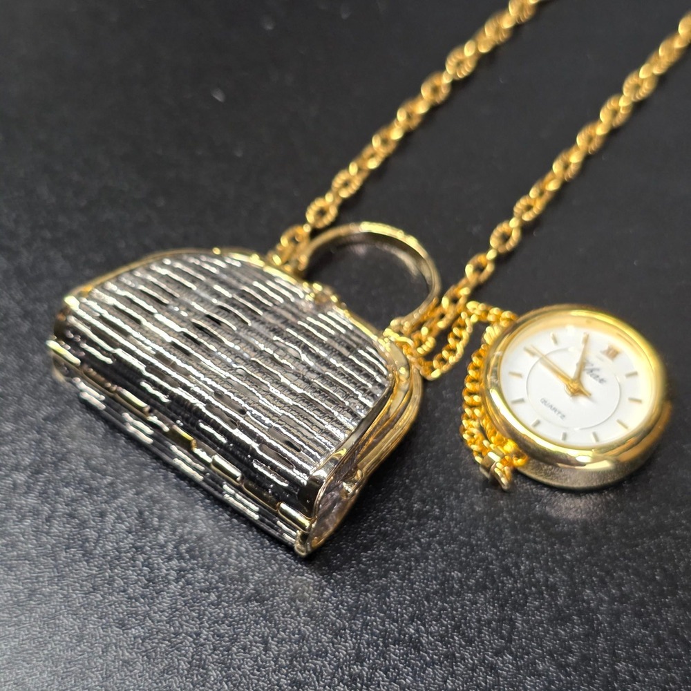 Chax Purse Watch Necklace Women OS Gold Silver Locket Vintage Quartz Pendant